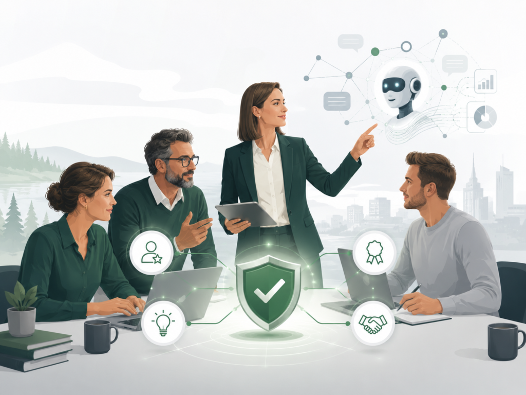 Illustration av ett team som arbetar med AI, expertis, auktoritet och förtroende för framtidssäkrad digital synlighet.